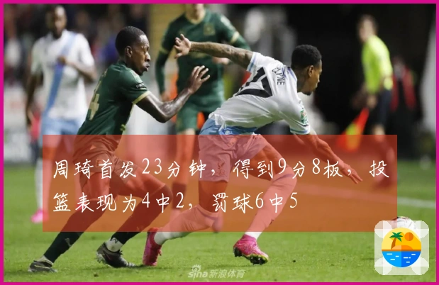 周琦首发23分钟，得到9分8板，投篮表现为4中2，罚球6中5